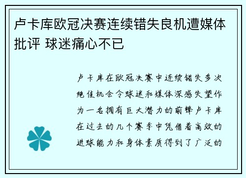 卢卡库欧冠决赛连续错失良机遭媒体批评 球迷痛心不已