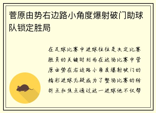 菅原由势右边路小角度爆射破门助球队锁定胜局 菅原由势右边路小角度爆射破门助球队锁定胜局
