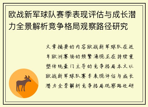 欧战新军球队赛季表现评估与成长潜力全景解析竞争格局观察路径研究